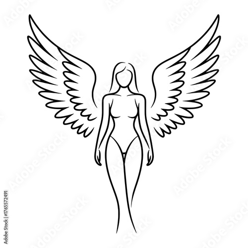 Elegant Black Outline Angelic Female Figure Icon with Symmetrical Wings on Pure White Background, Flat Vector Art