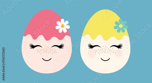 Two adorable cartoon Easter eggs with smiling faces and floral decorations.
