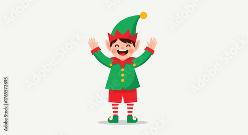 Cheerful cartoon Christmas elf character in festive attire.