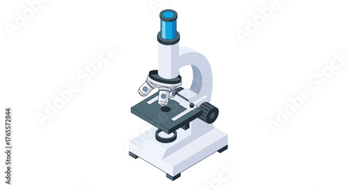 Detailed isometric vector illustration of a modern laboratory microscope used for scientific research, biological analysis, and educational discovery