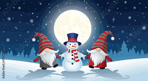 Festive snowman and gnomes celebrating winter holidays together in snow.