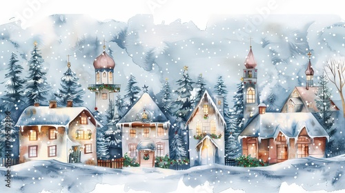 Wallpaper Mural Illustration of a winter village with a snowy landscape. Ideal for holiday greeting cards. Torontodigital.ca
