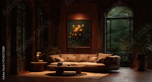 Dark, ornate room with vintage sofa and artwork