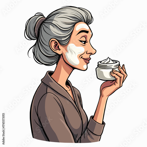 Smiling senior woman applying face cream from a jar to her skin