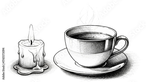 Hot coffee drink with spoon, saucer, and coffee beans on a white table