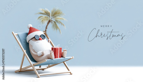 Cartoon Santa relaxing on a beach chair with a tropical Christmas tree, summer xmas vibe, space for advertising, Christmas Seasons Greetings