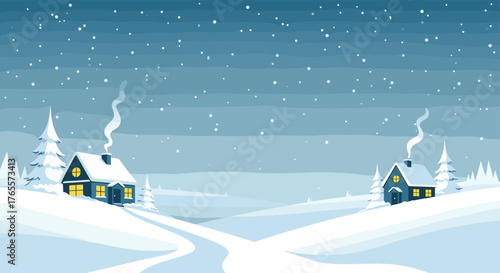 Winter wonderland scene with snow covered houses and trees.