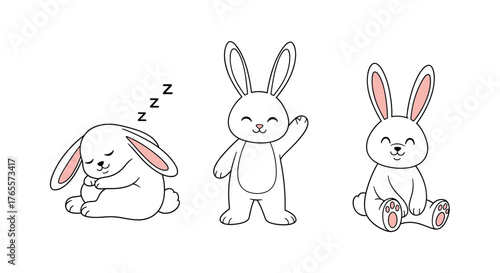 Three Cute Cartoon Bunnies Depicting Different Moods and Actions.