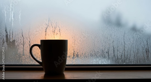 Steaming coffee mug on rainy window sill at dawn