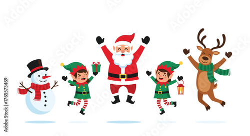 Festive Christmas Characters - Santa, Reindeer, Elves, and Snowman Celebrating Together.