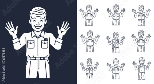 Line art illustration of a smiling man raising his hands in a gesture