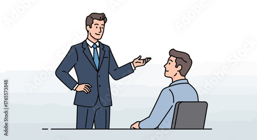 Business Meeting: Male colleagues discussing work ideas and giving advice at desk