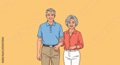 Happy senior couple walking together arm in arm with a bright cheerful background
