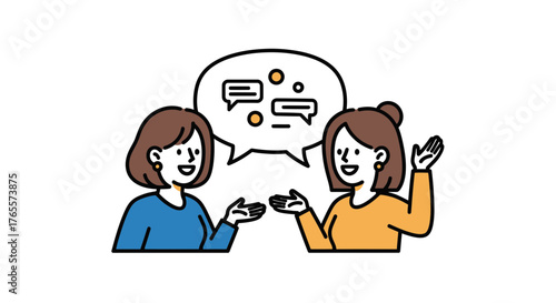 Illustrated depiction of two women engaged in conversation with speech bubble