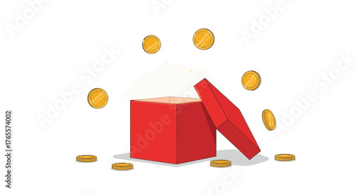 Gift box with golden coins floating, symbolizing wealth and financial luck