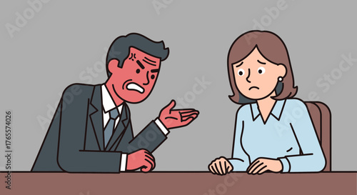 Aggressive boss scolding subordinate at the office meeting in cartoon style