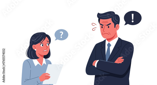 Tense office interaction: An angry boss confronts a worried employee with questions