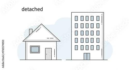 Minimalist illustration contrasting a house and an apartment building design
