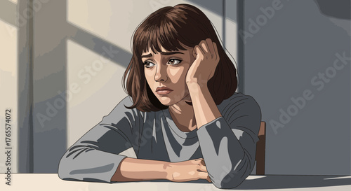 Illustration of a young woman displaying signs of sadness and contemplation