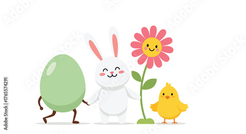 Easter Celebration with Egg, Bunny, Chick, and Flower Cartoon.