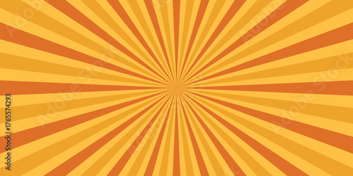 Warm orange and yellow sunburst radial burst pattern background with radiating lines and central focus for energetic and vibrant graphic design
