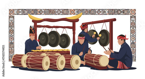 Traditional Indonesian Gamelan Orchestra Performance A Cultural Illustration Depicting Musicians Playing