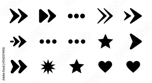 Collection of minimalist vector icon set featuring arrows, dots, stars and hearts