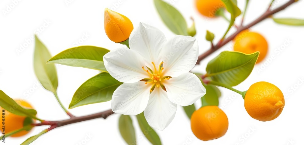 Fototapeta premium Delicate white orange blossom isolated on pure white background, stamens, botanical