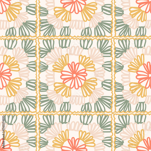 crochet granny square seamless pattern. Multicolor knitting retro background for textile, wrapping