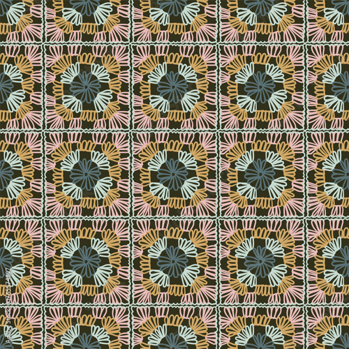 crochet granny square seamless pattern. Multicolor knitting retro background for textile, wrapping