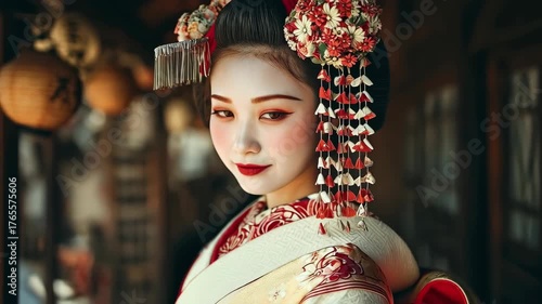 はにかんだ表情を見せるおしとやかな舞妓さん