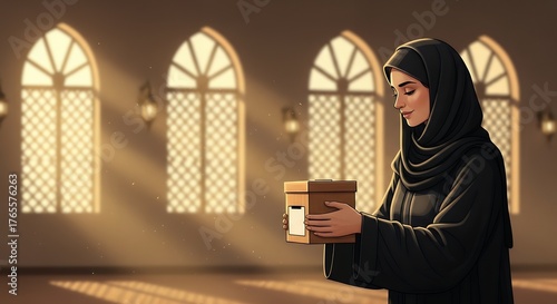 Young Muslim Woman Holding Donation Box Inside Sunlit Mosque.