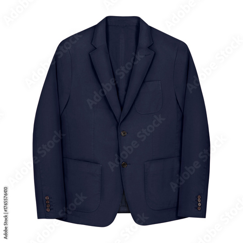 Classic navy blue men’s blazer jacket isolated on white background. Tailored cotton fabric with button cuffs and patch pockets, perfect for business wear, smart casual styling fashion branding mockup