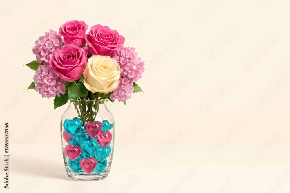Fototapeta premium A clear glass vase filled with teal and pink heart shapes holds pink and cream roses with soft hydrangeas against a light beige background, creating a charming romantic display.