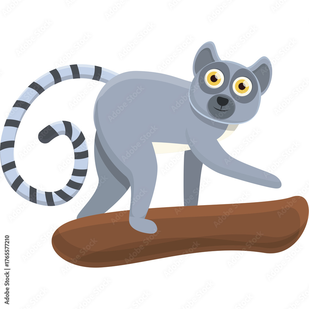 Naklejka premium Cartoon Style Ring Tailed Lemur Standing on a Tree Branch With a Striped Tail and Yellow Eyes Against a Transparent Background