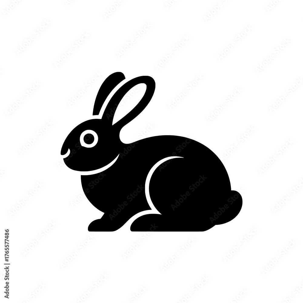 Obraz premium Minimalist Solid Black Rabbit Icon with White Eye and Ear Detail on a Clean White Background