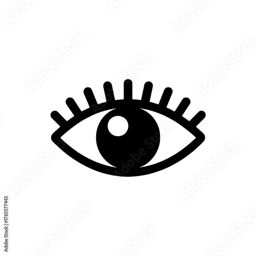 Minimalist Black and White Eye Icon with Thick Outline, Solid Pupil, and Rounded Eyelashes