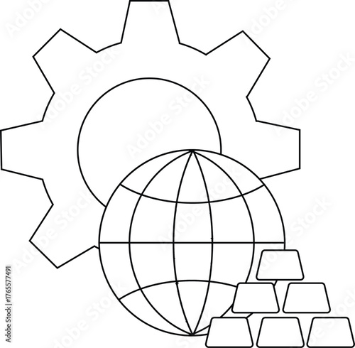A cogwheel is behind a globe on top of gold bars