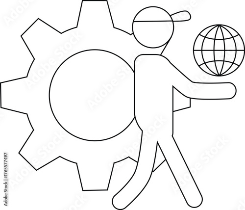 A figure holds a globe next to a gear