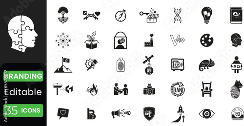 Collection of diverse icons representing branding strategy business growth and creative thinking concepts