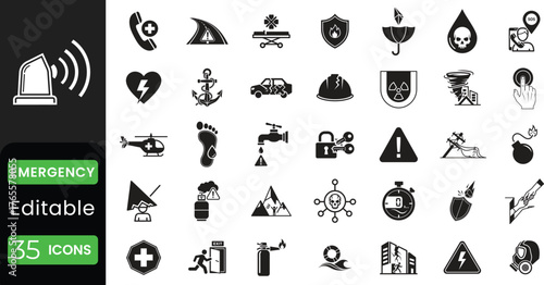 Collection of emergency and safety icons representing various crisis situations and rescue services