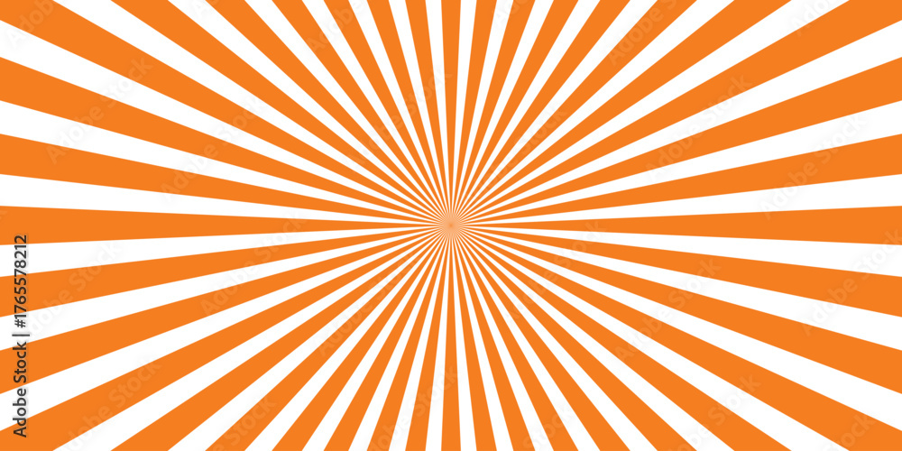 Fototapeta premium Bright orange and white sunburst radial burst pattern background with a central square emanating outward lines creating a dynamic energetic graphic design element