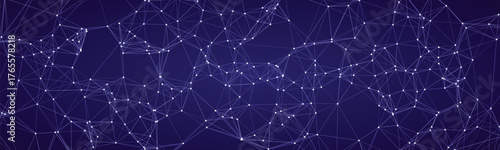 Abstract interconnected network of white dots and lines on a deep blue background representing data connections technology and digital communication science