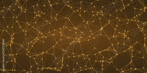 Golden network structure with glowing nodes and connecting lines forming an abstract web of interconnected points on a warm brown background