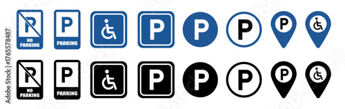 Parking icons. Car parking icon set. Map parking pointer. Vector illustration.