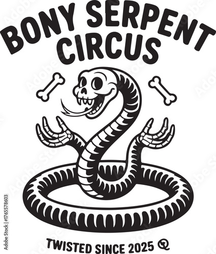 Cartoon snake with bones and text B O N Y S E R P E N T C I R C U S illustration black and white
