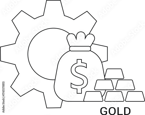 A moneybag with a dollar sign gold bars and gear outline are arranged in a graphic design