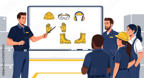 An instructor leads a workplace safety training session on personal protective equipment for a group of industrial workers.