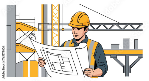 A construction engineer in a hard hat and safety vest reviews blueprints at a building site.