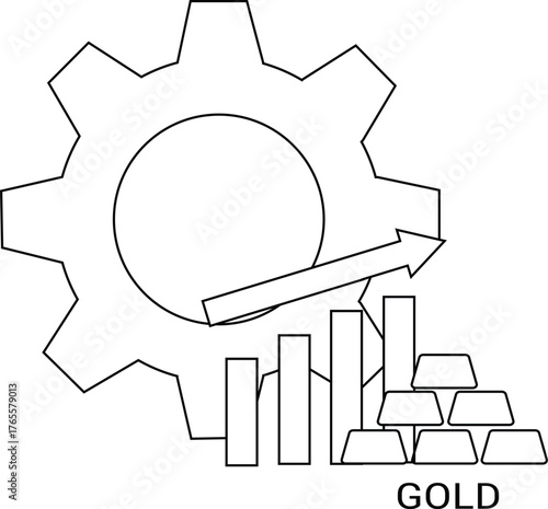Image shows a gear a chart with an arrow gold bars and the word GOLD